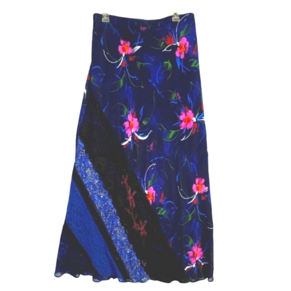 FRANCESCA Rose Maxi Skirt Mix Print Panels Boho Festival Size L - EUC!
